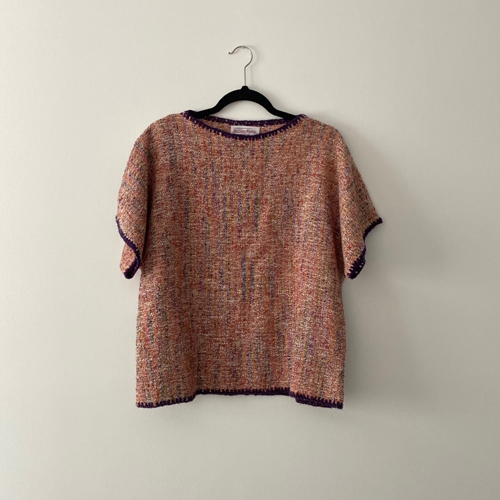 Village Weavery PEI Handmade Multicolour Woven Knit Short Sleeve Top Size Large